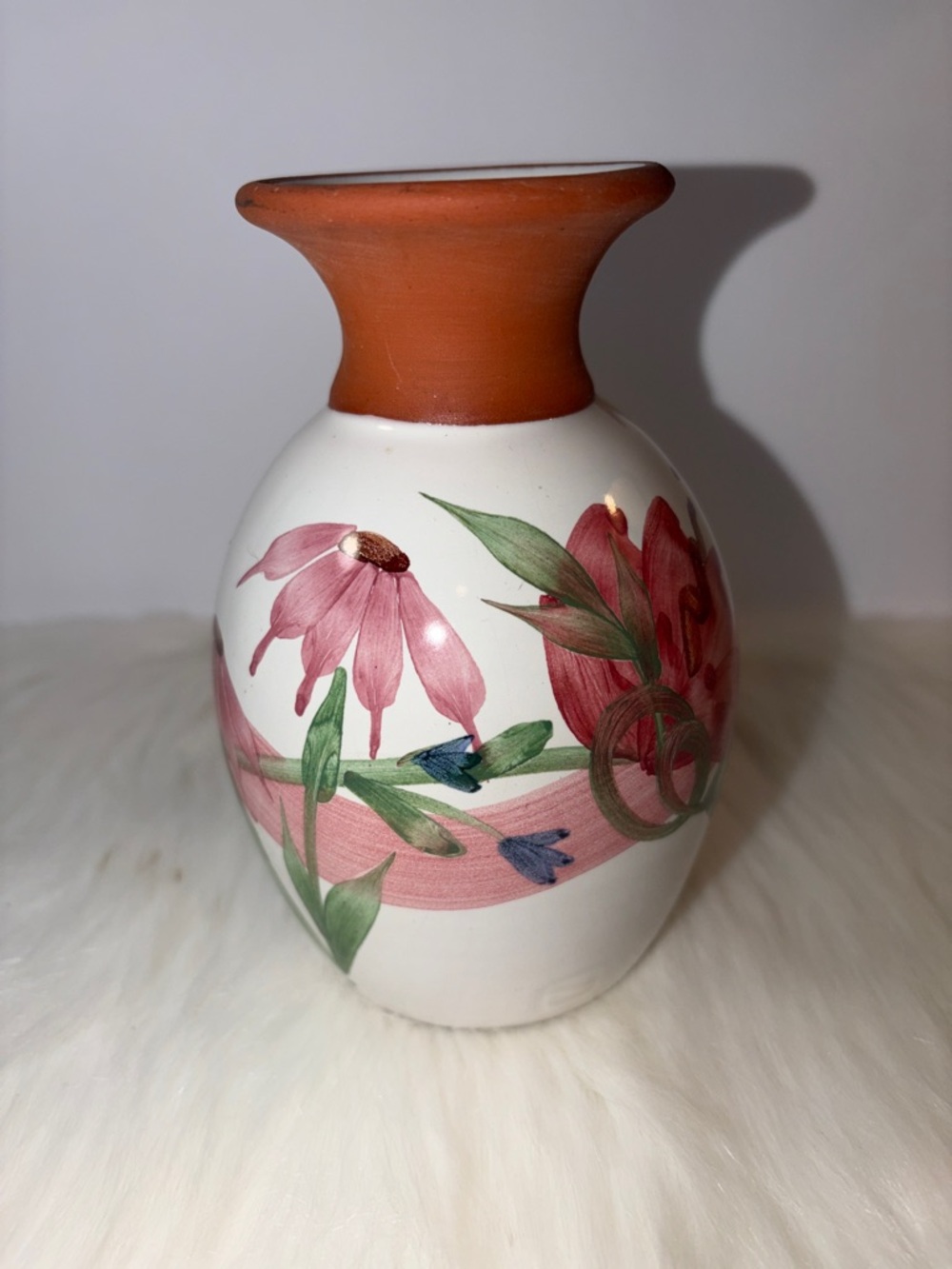 Hand-Painted Floral Ceramic Vase with Terracotta Neck
